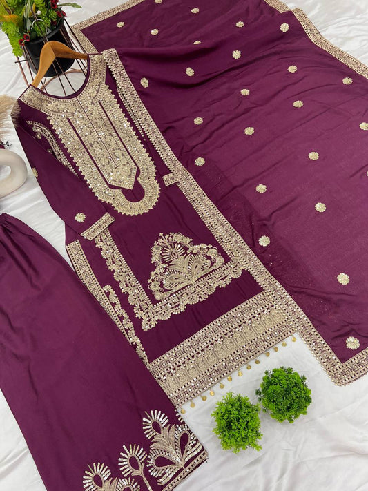 Wine color chinon silk sharara suit with dupatta images