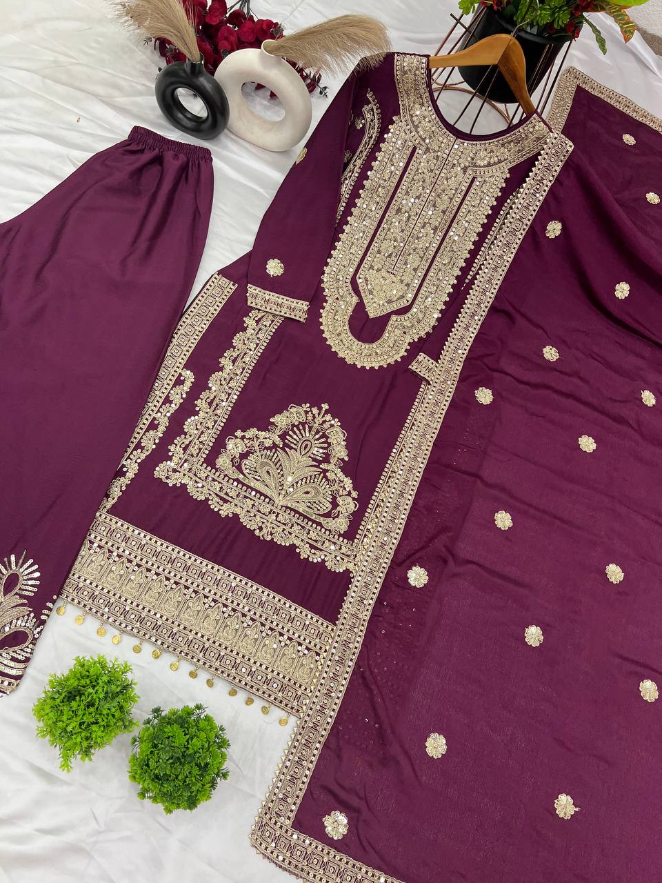 Wine color chinon silk sharara suit with dupatta price