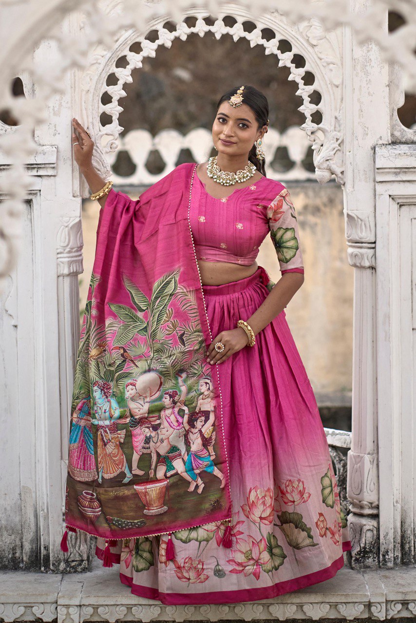 Pink color manipuri silk lehenga choli with dupatta