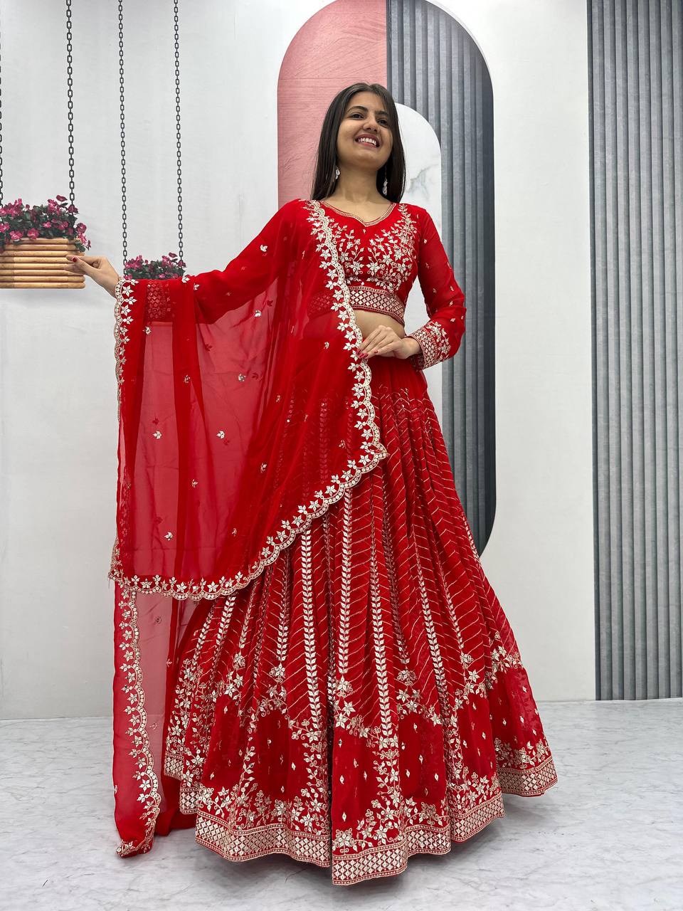 Red color georgette lehenga choli for women