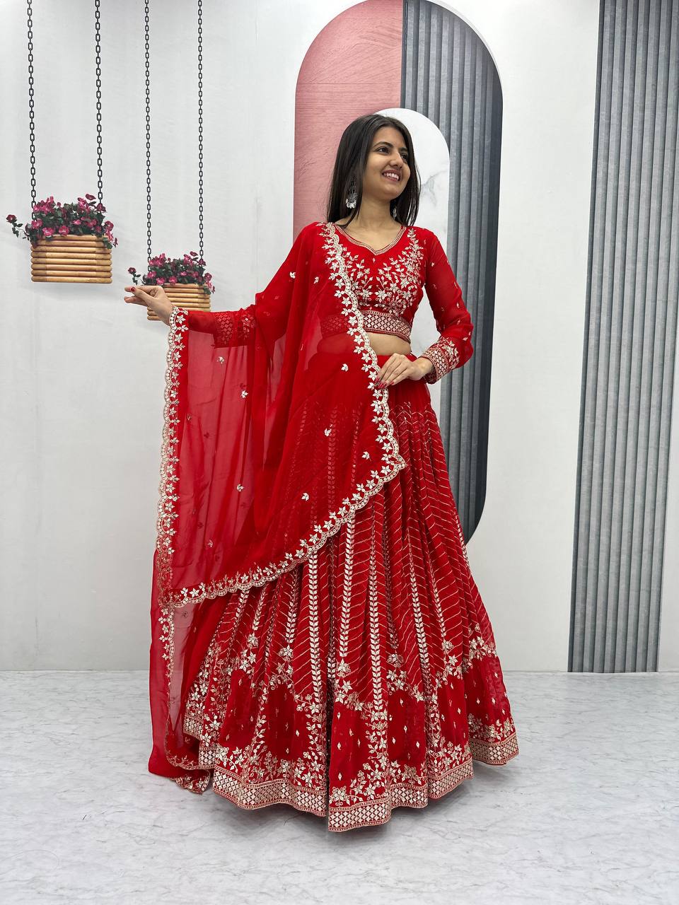 Red color georgette lehenga choli with dupatta