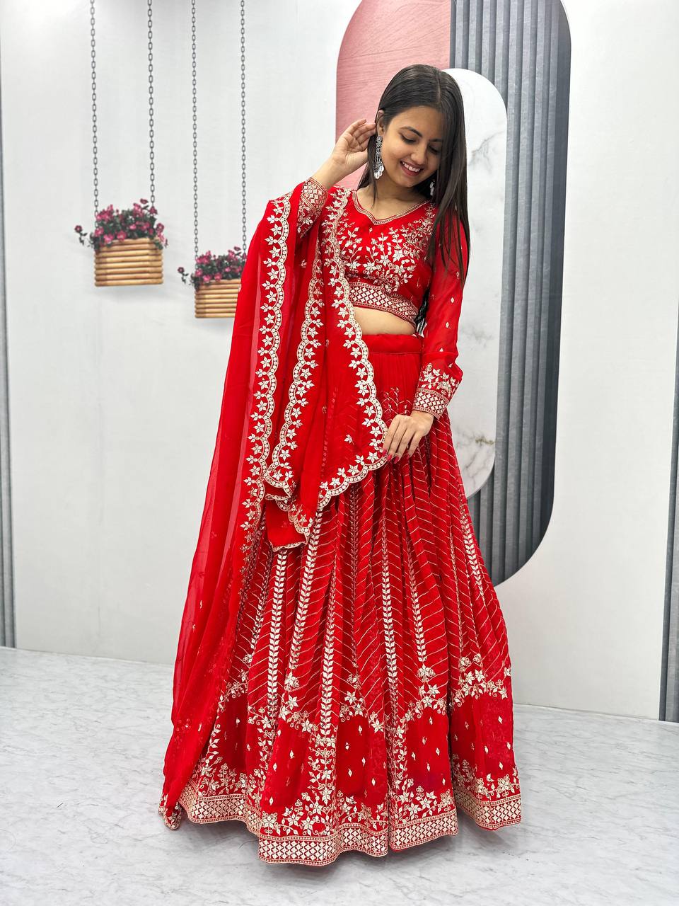 Red color georgette lehenga choli with dupatta online
