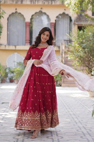 Red color faux blooming gown lehenga choli for women online
