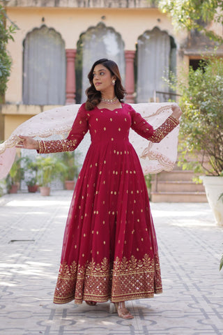 Red color faux blooming gown lehenga choli for wedding
