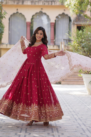 Red color faux blooming gown lehenga choli with dupatta price