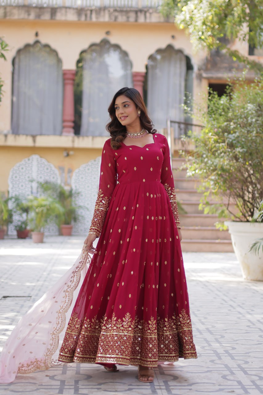Red Color Stitched Sequins Work Anarkali Gown For Festive Celebration