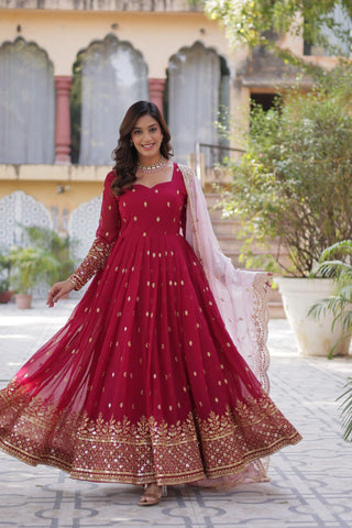 Red color faux blooming gown lehenga choli
