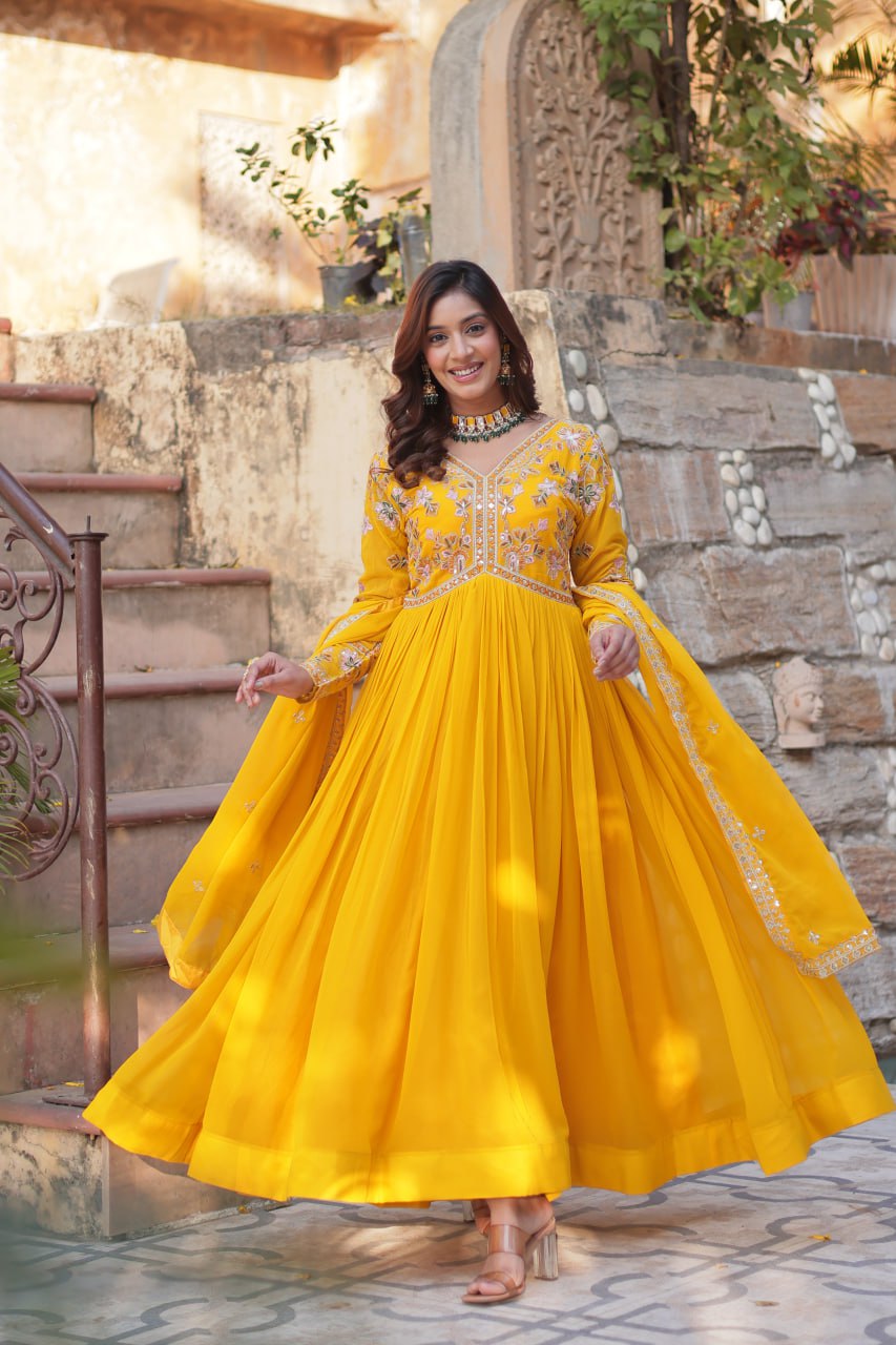 Buy Yellow Sequins Georgette Haldi Wear Gown From Zeel Clothing XL Buy Yellow Sequins Georgette Haldi Wear Gown From Zeel Clothing XL