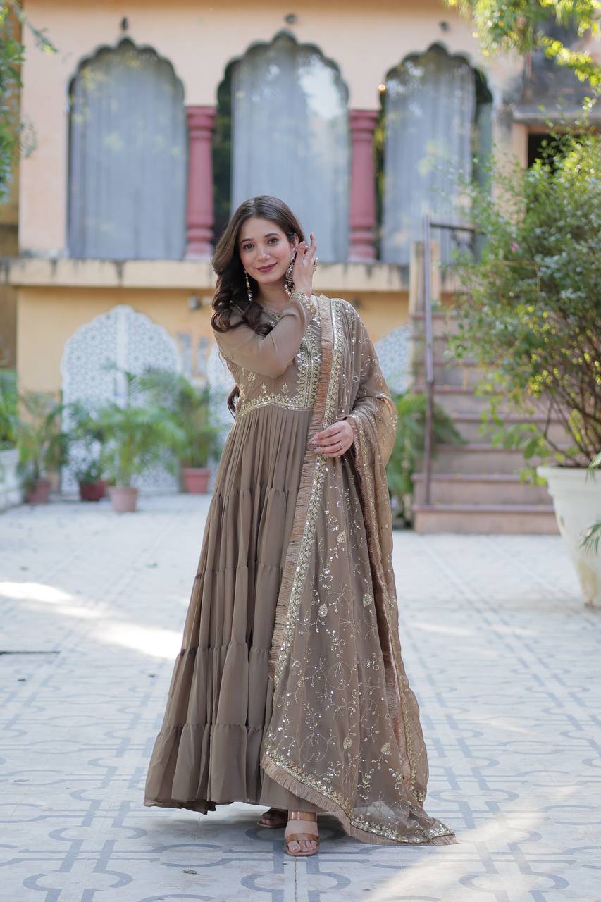 Chiku color georgette anarkali gown for wedding