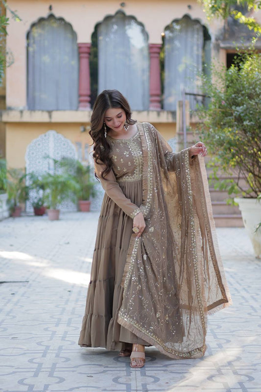 Chiku color georgette anarkali gown with dupatta