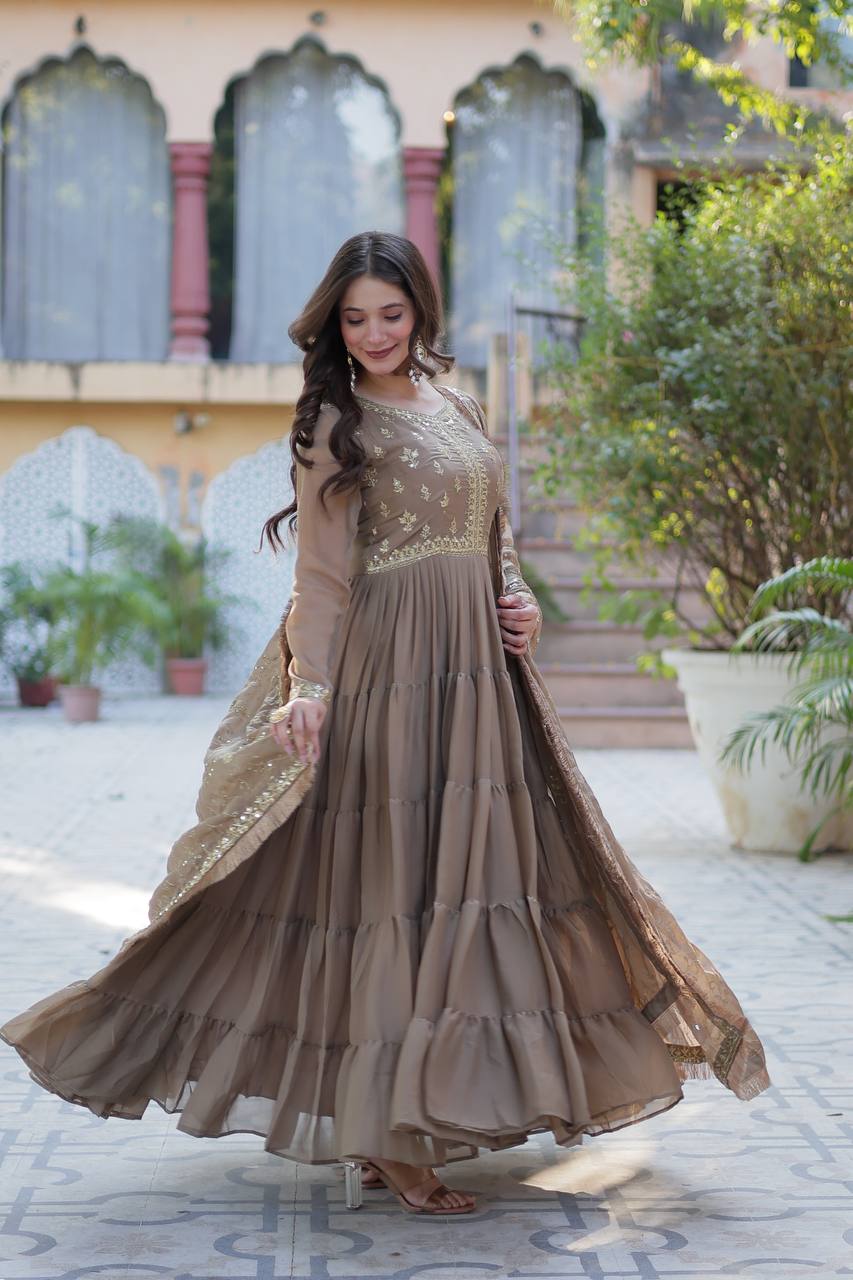 Chiku color georgette anarkali gown online shopping