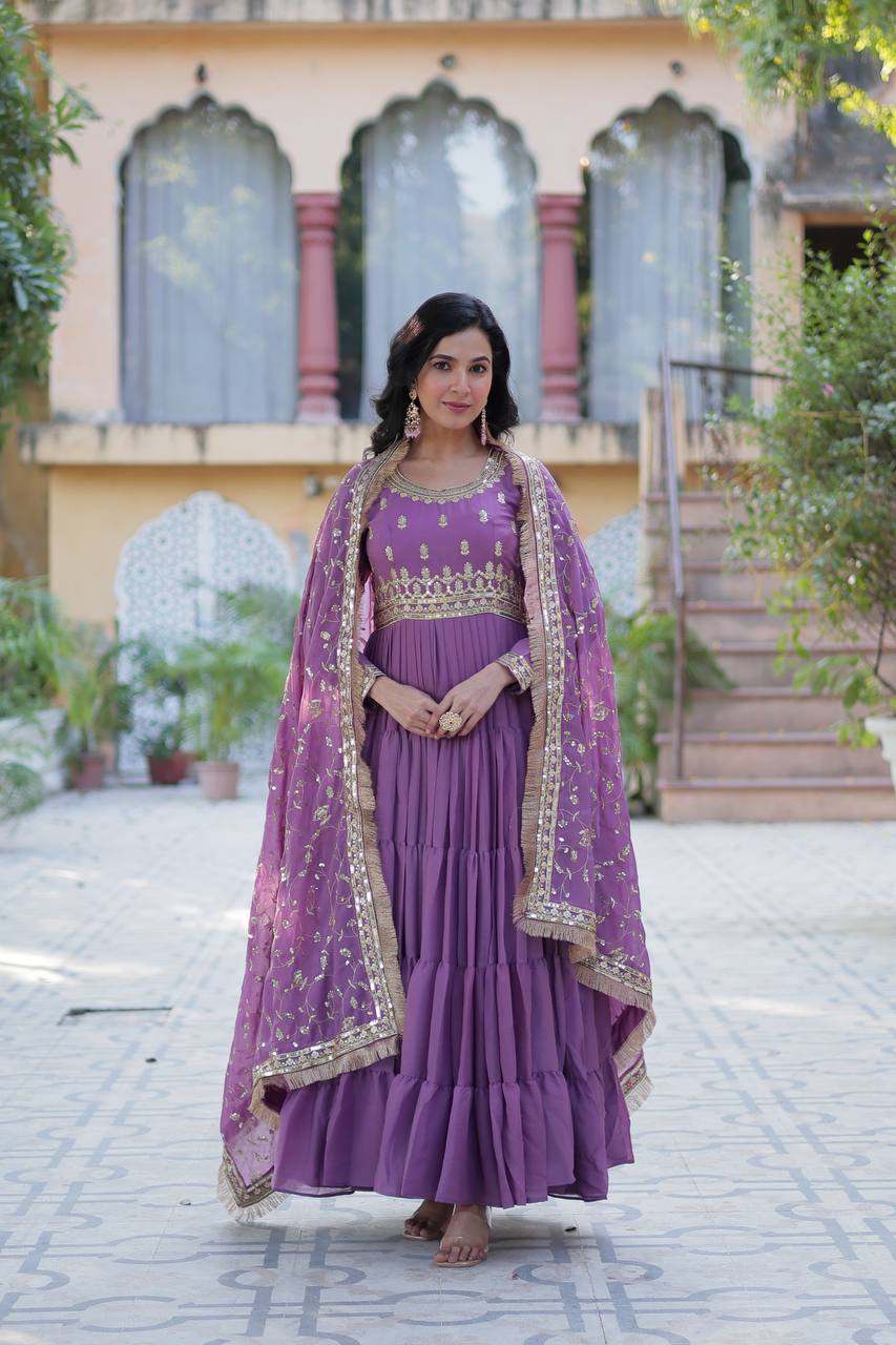Pink color georgette anarkali gown with dupatta