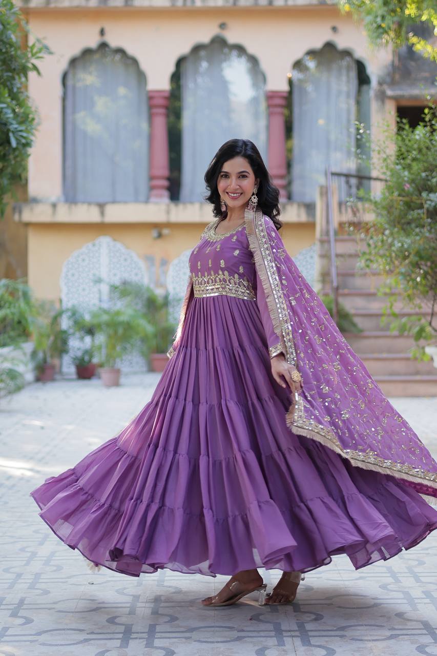 Pink color georgette sequins work anarkali gown for women