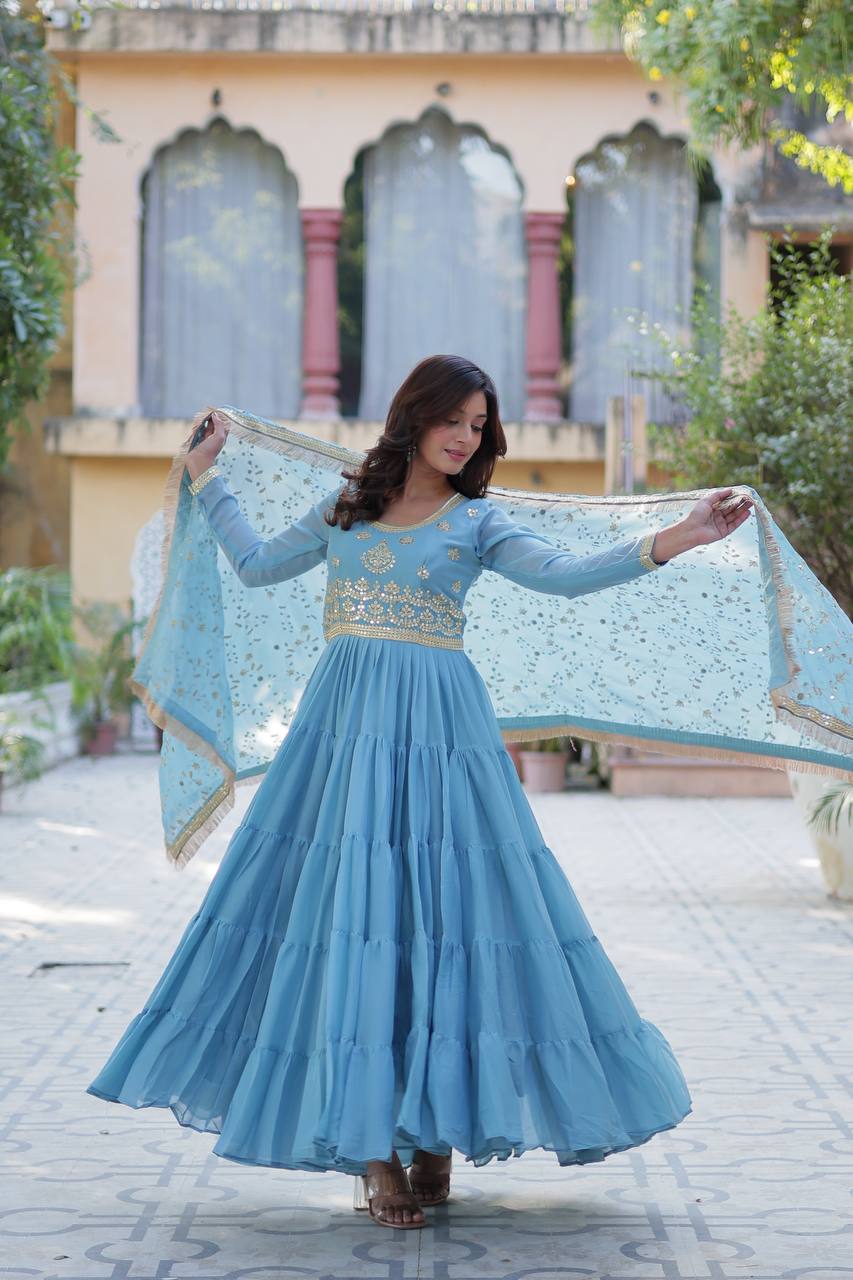 Sky color georgette long gown with dupatta