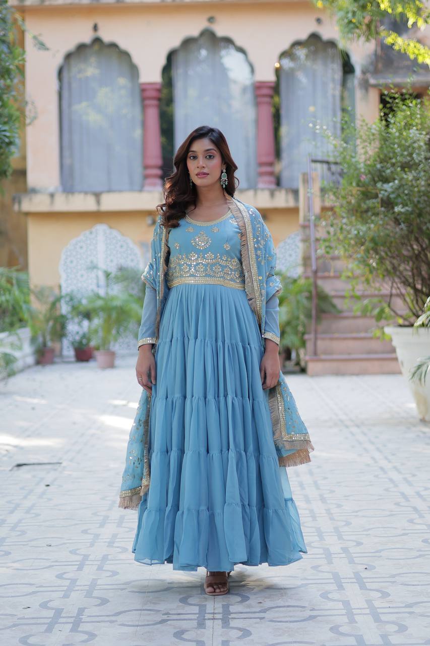 Sky color georgette long gown with dupatta images
