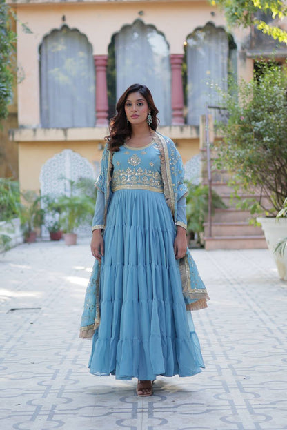Sky color georgette long gown with dupatta images