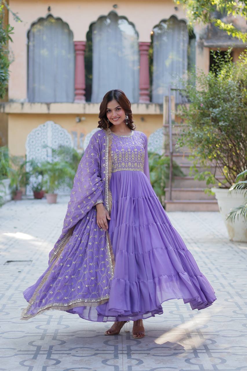 Lavender color georgette long gown with dupatta online