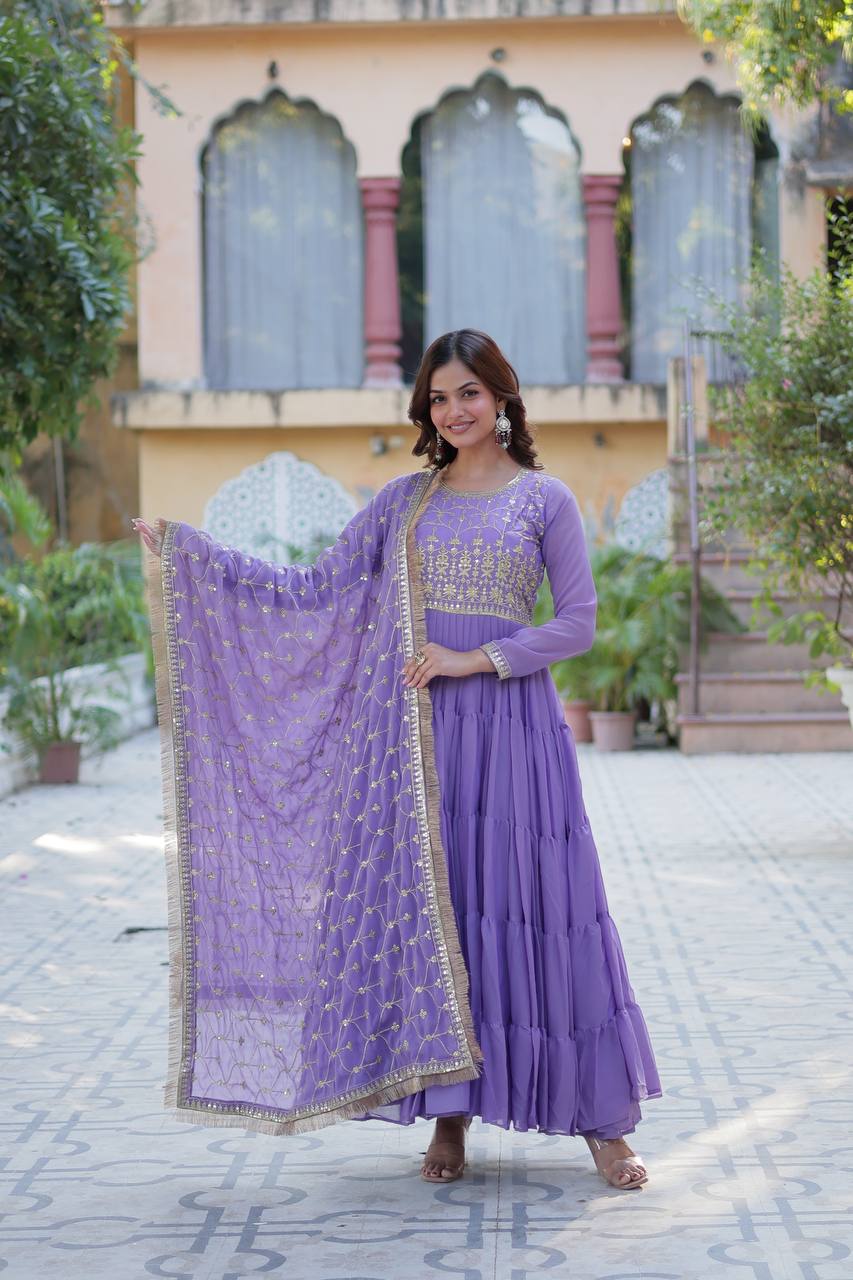 Sky color georgette long gown with dupatta design look