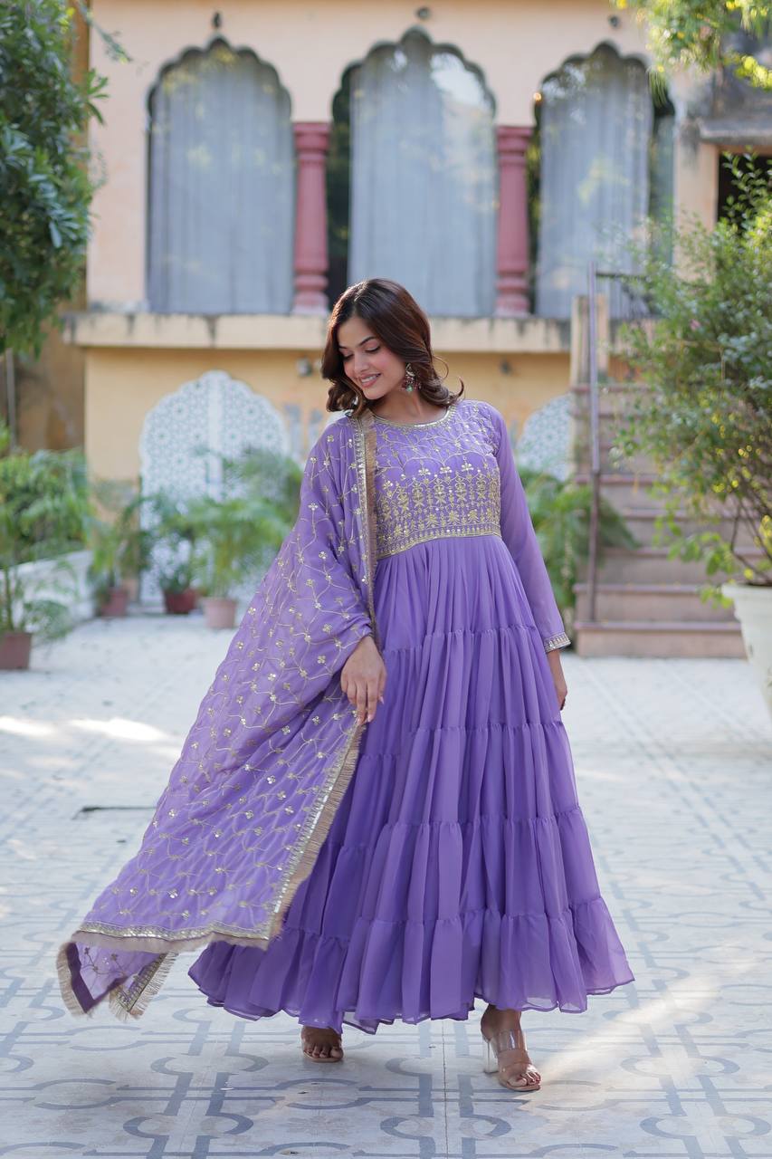 Lavender color georgette long gown for wedding