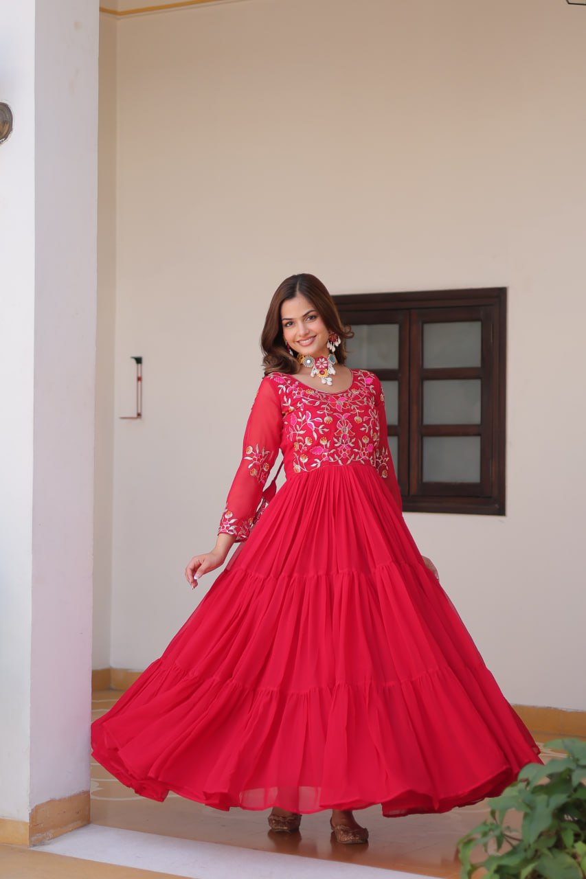 Pink color georgette stitched long gown 