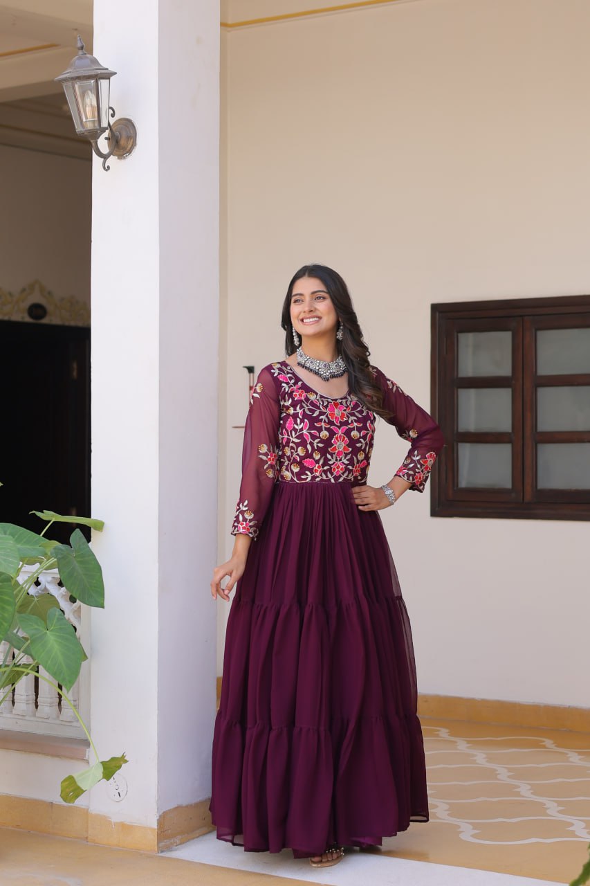 Wine color georgette stitched long gown design 