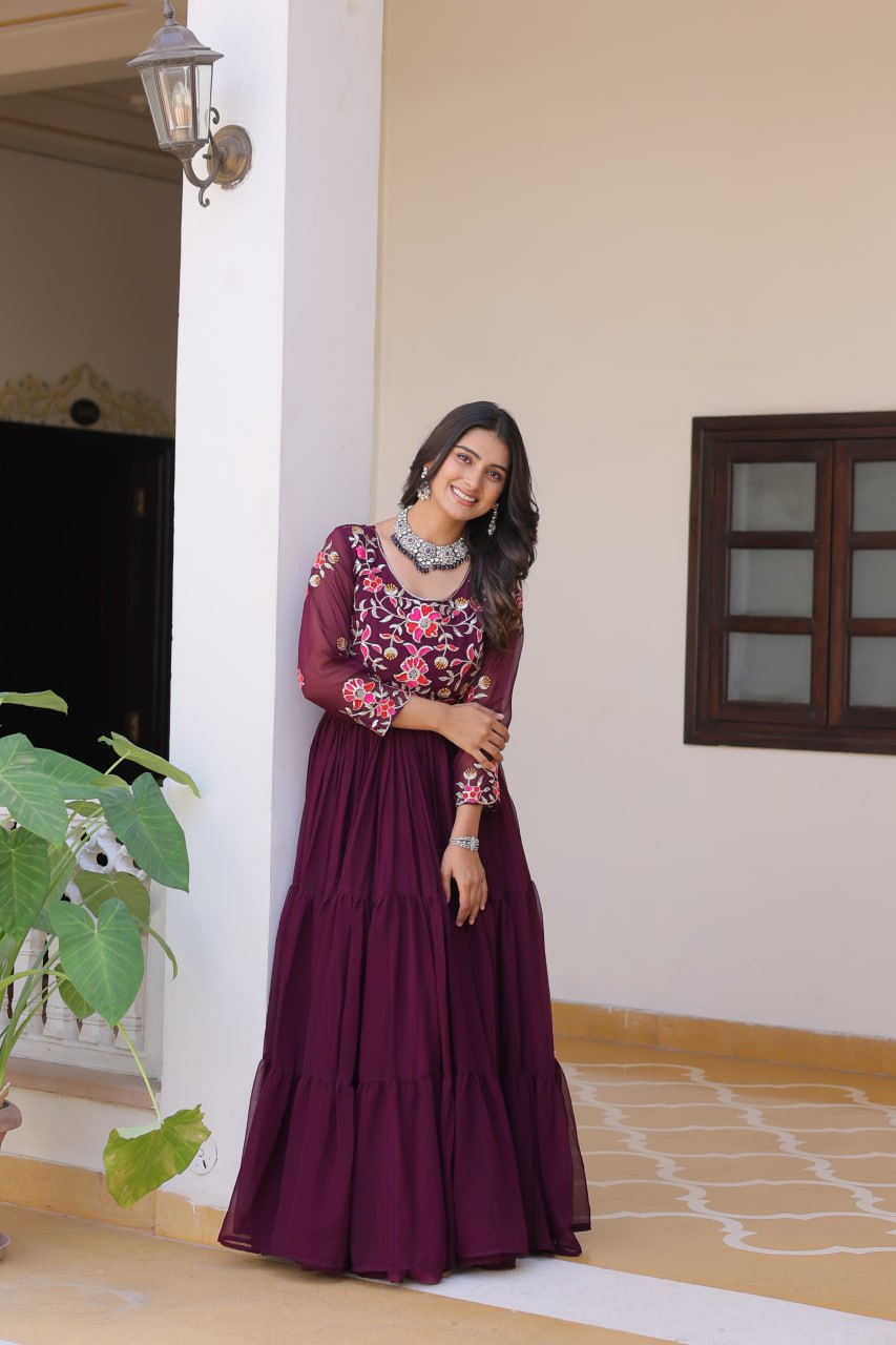 Wine color georgette stitched long gown online
