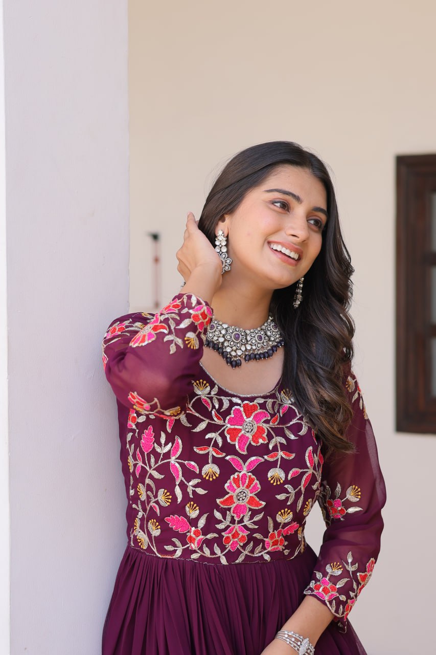 Pink color georgette stitched long gown price