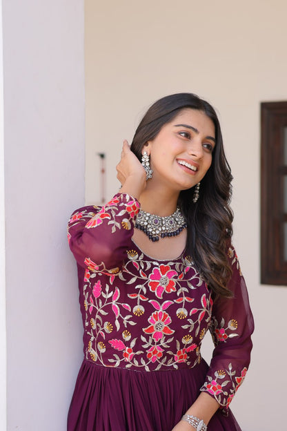 Pink color georgette stitched long gown price