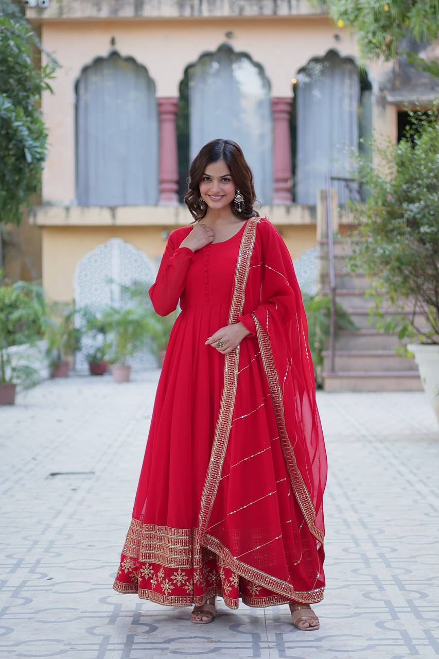 Red color faux blooming long gown with dupatta