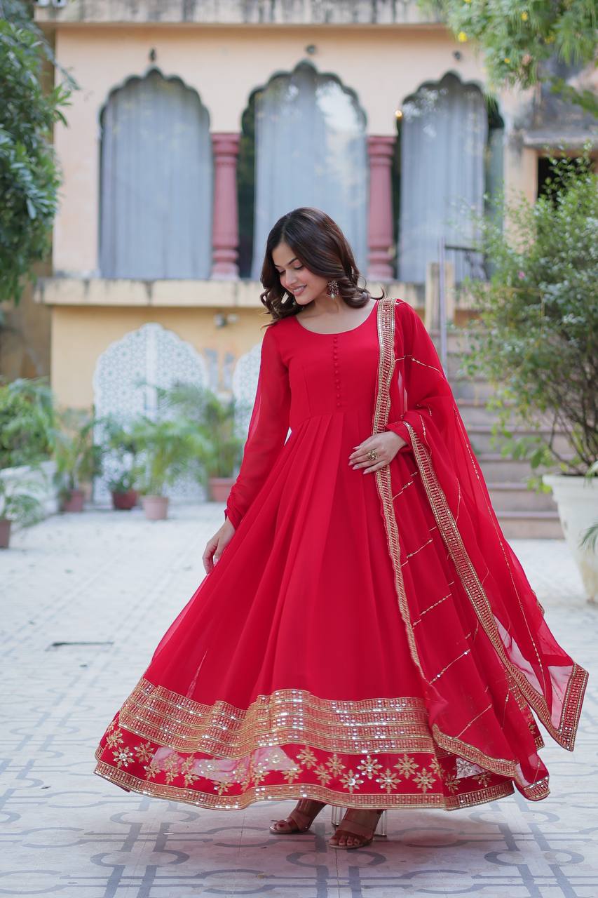 Red color faux blooming long gown online shopping