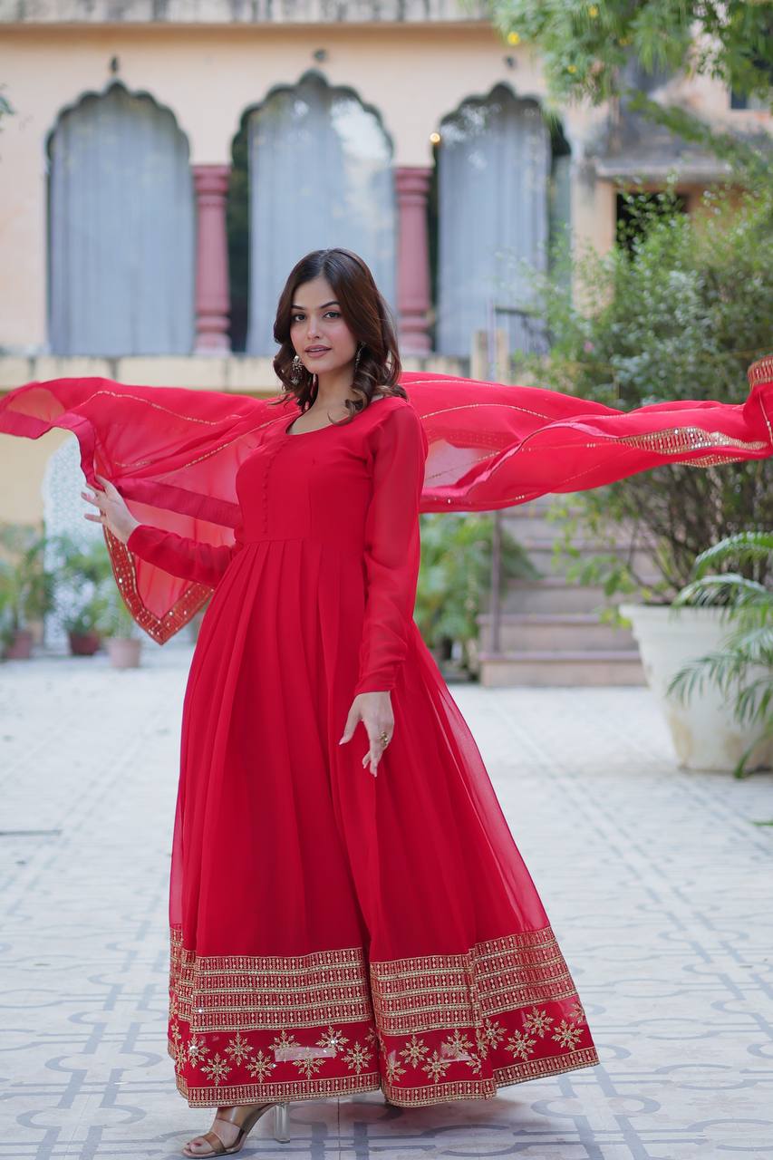 Red color faux blooming long gown price