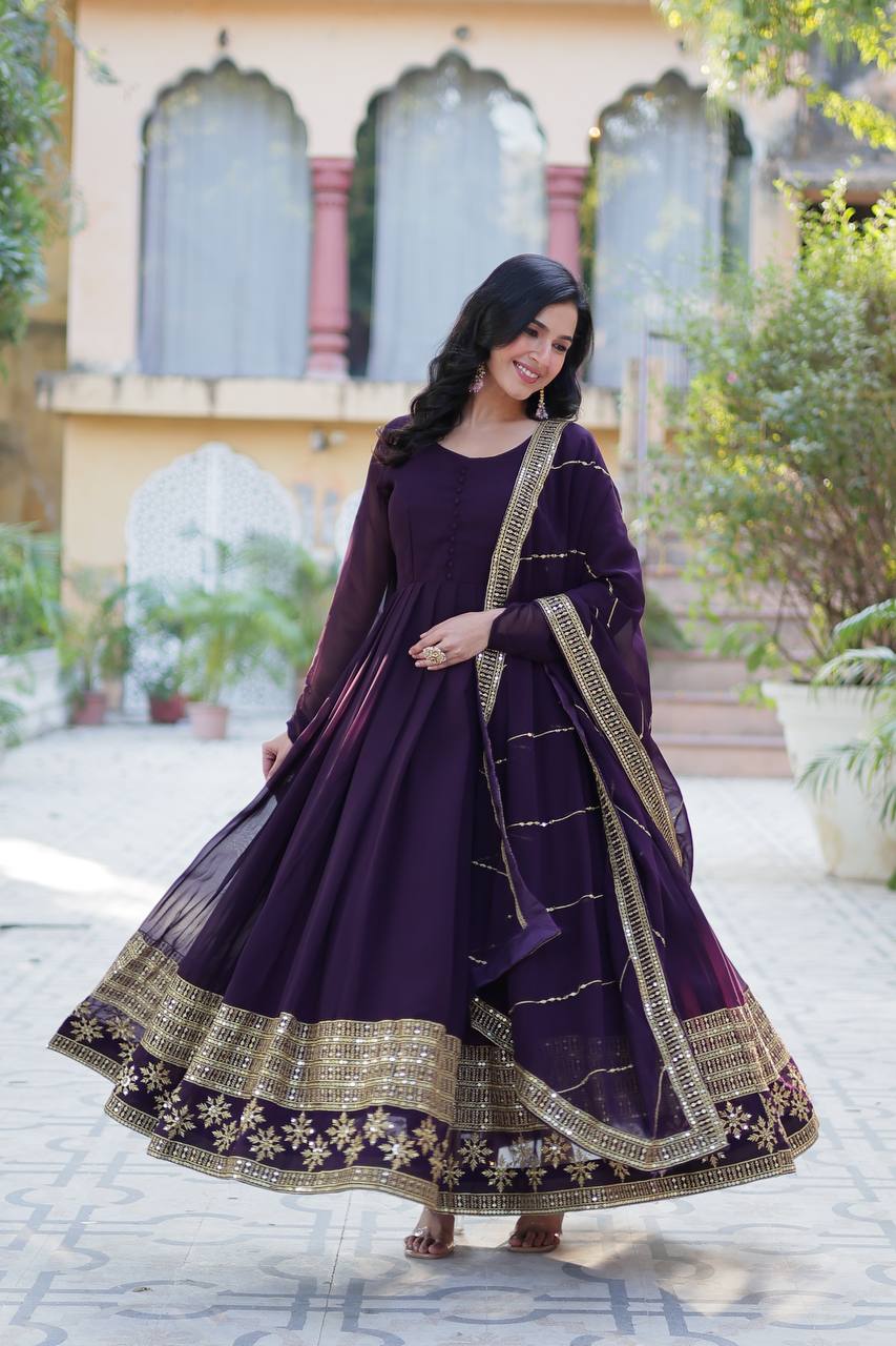Wine color faux blooming long gown with dupatta price