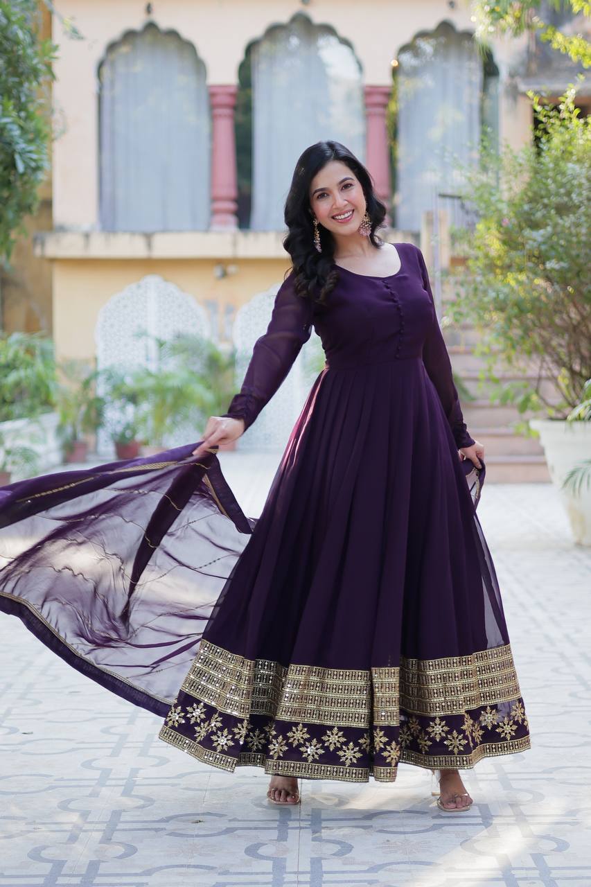 Wine color faux blooming long gown