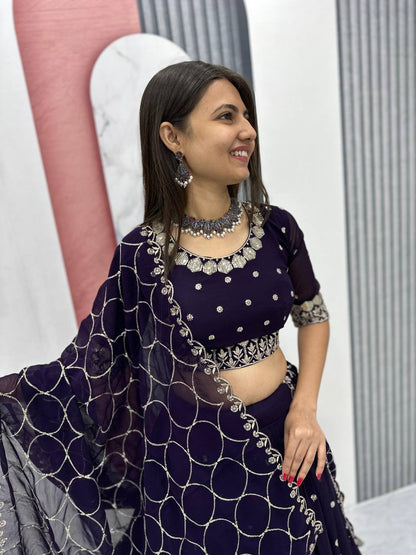 Purple color chinon lehenga choli with dupatta online