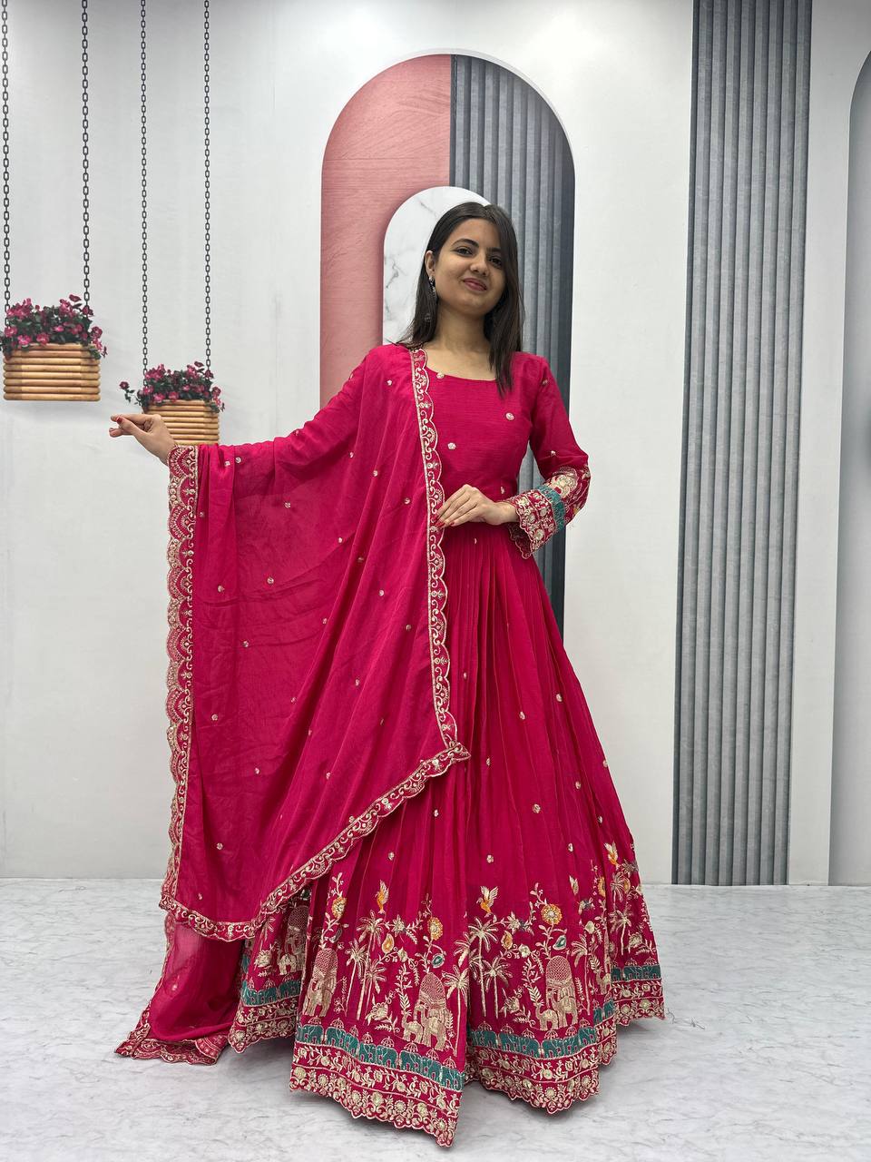 Pink color chinon long gown for women