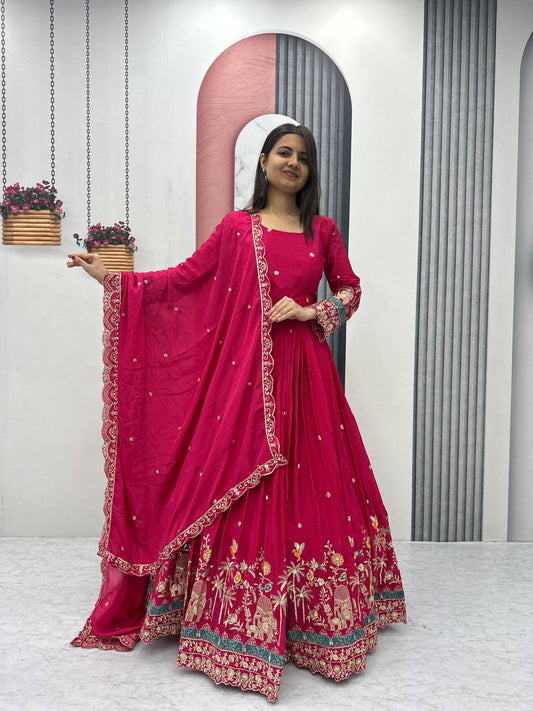 Pink color chinon long gown for women