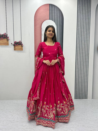 Pink color chinon long gown with dupatta images