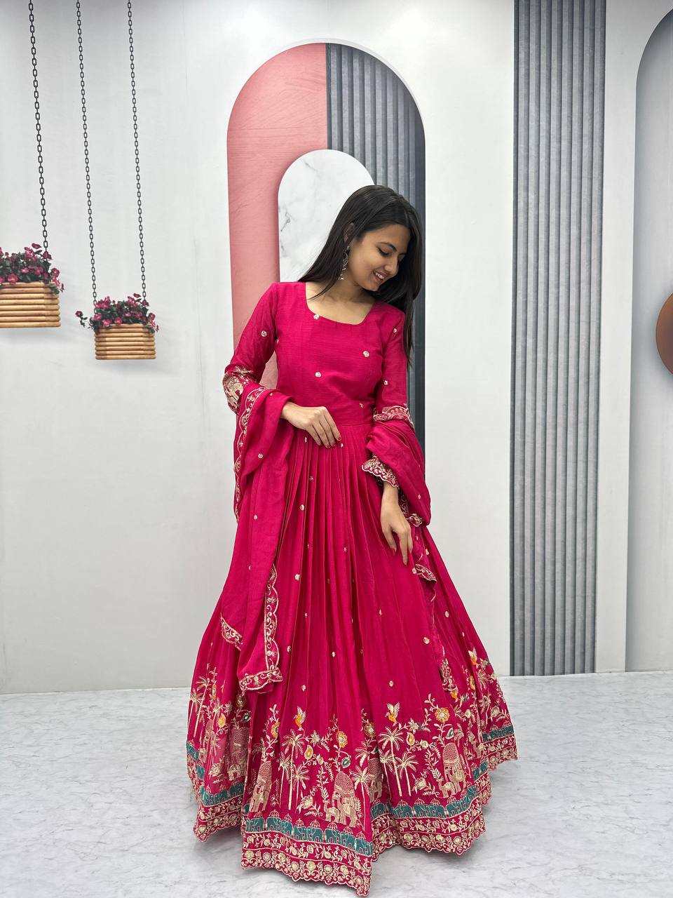 Pink color chinon long gown with dupatta price