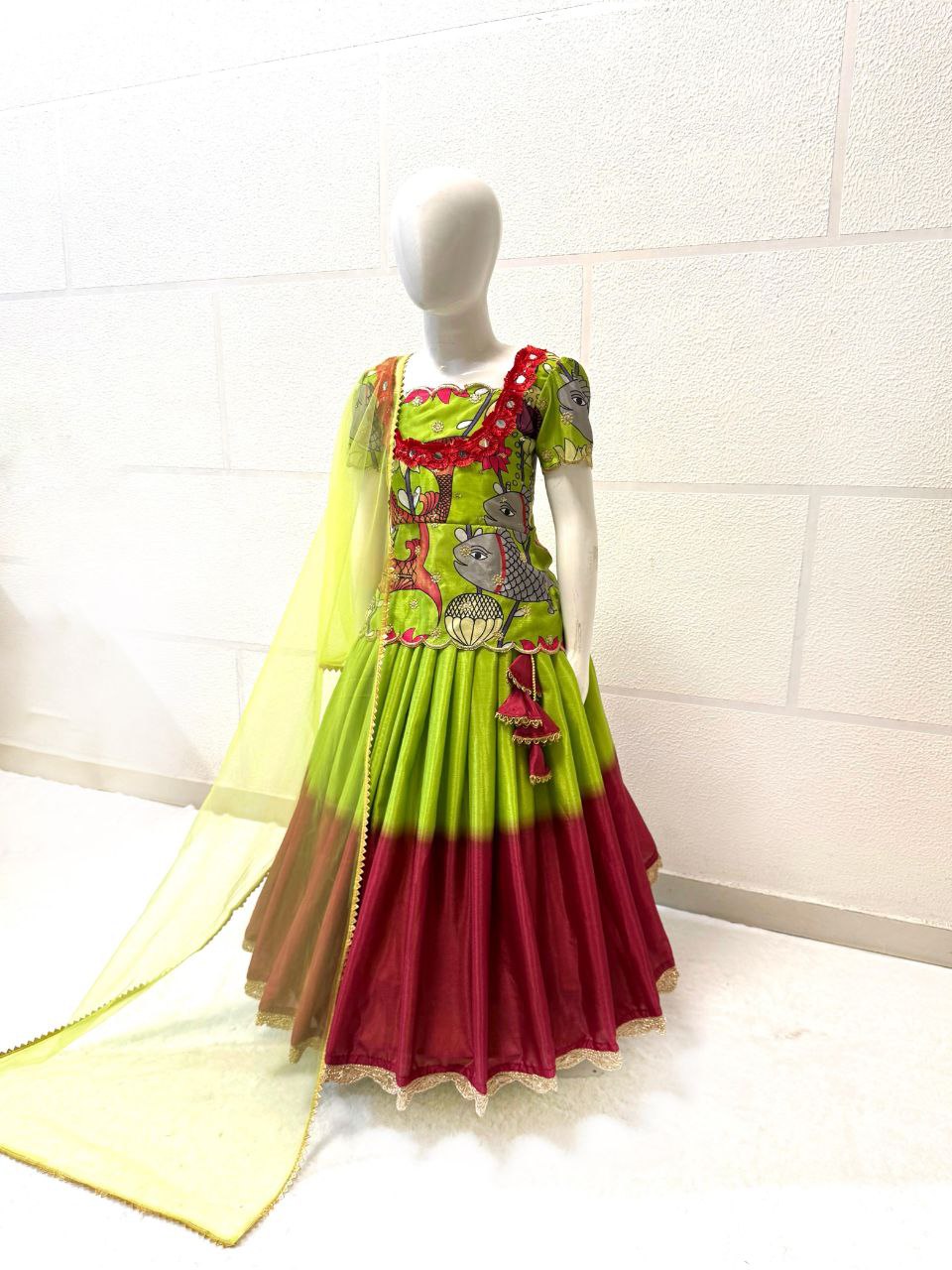 Green color chinon silk lehenga choli with dupatta online