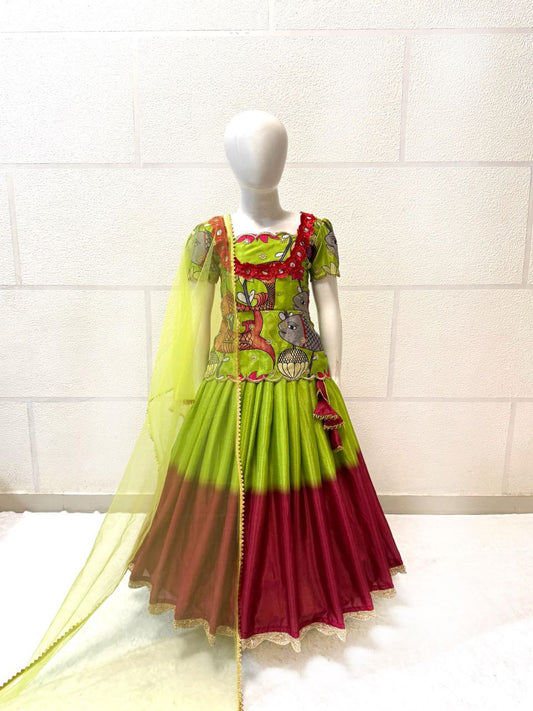 Green color chinon silk lehenga choli for girls