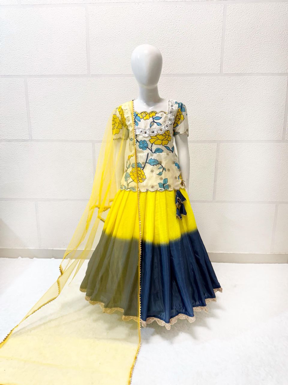 Yellow color chinon silk lehenga choli for girls