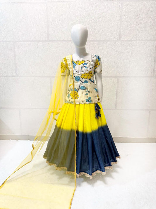 Yellow color chinon silk lehenga choli for girls