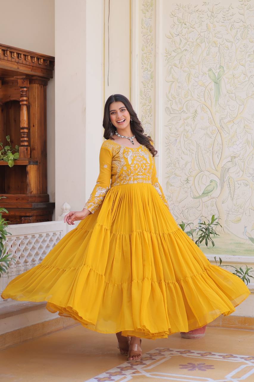 Yellow color georgette long gown images