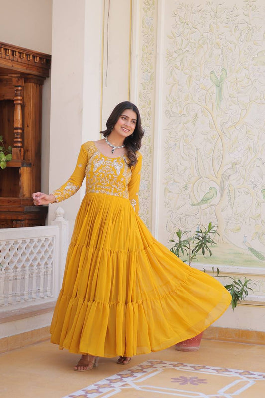 Yellow color georgette long gown for wedding