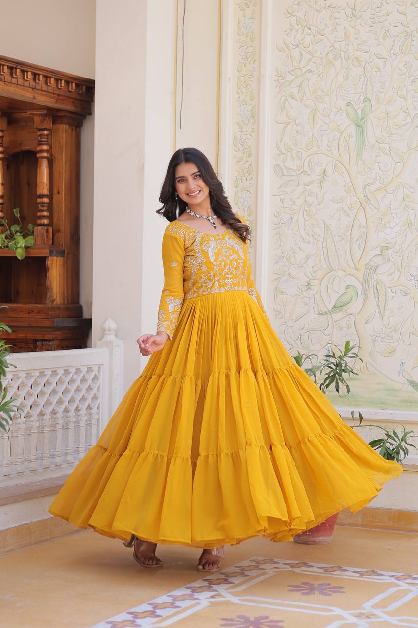 Yellow color georgette long gown price