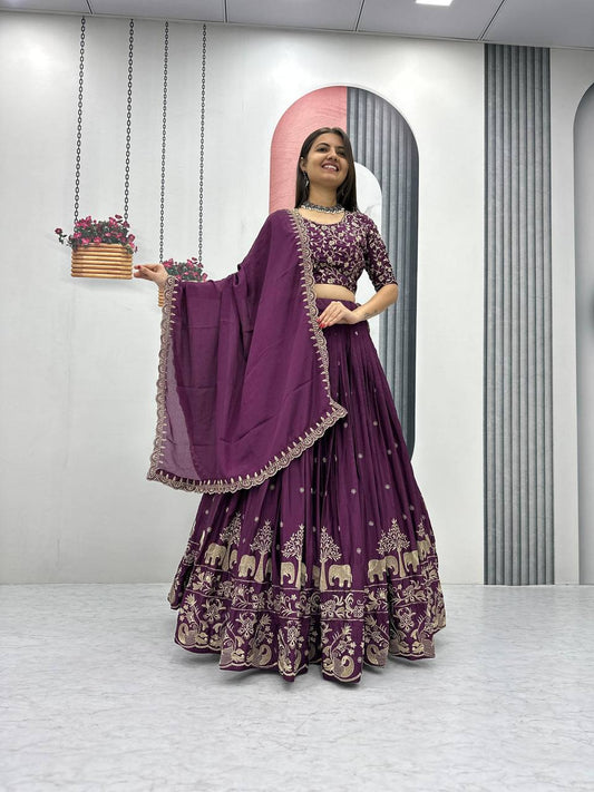 Wine color chinon lehenga choli for women