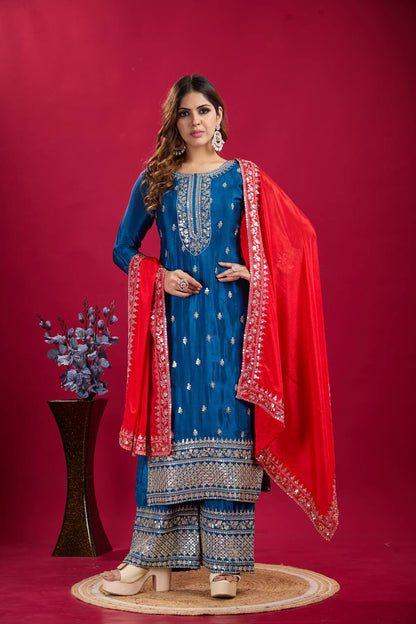 Teal blue color chinon silk sharara suit for women
