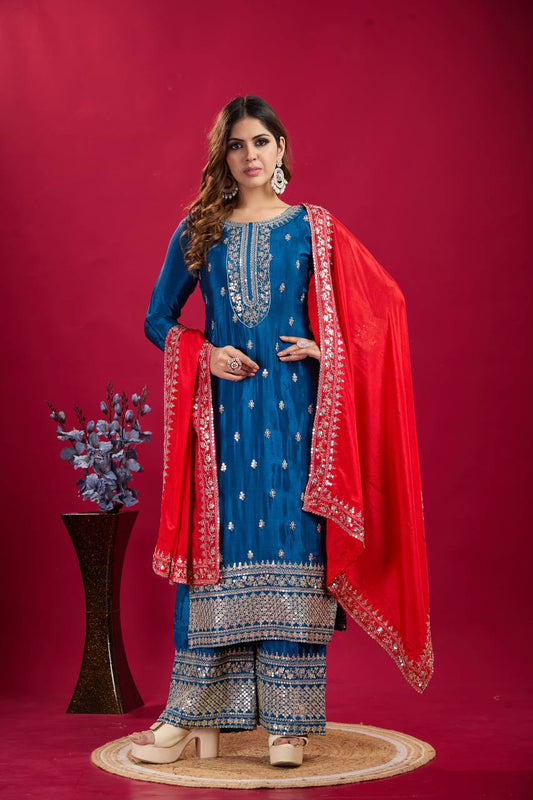 Teal blue color chinon silk sharara suit for women