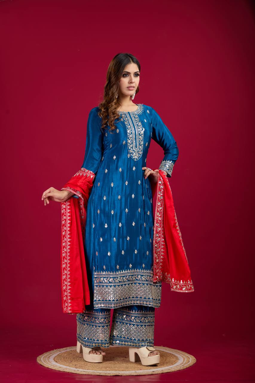 Teal blue color chinon silk sharara suit with dupatta online