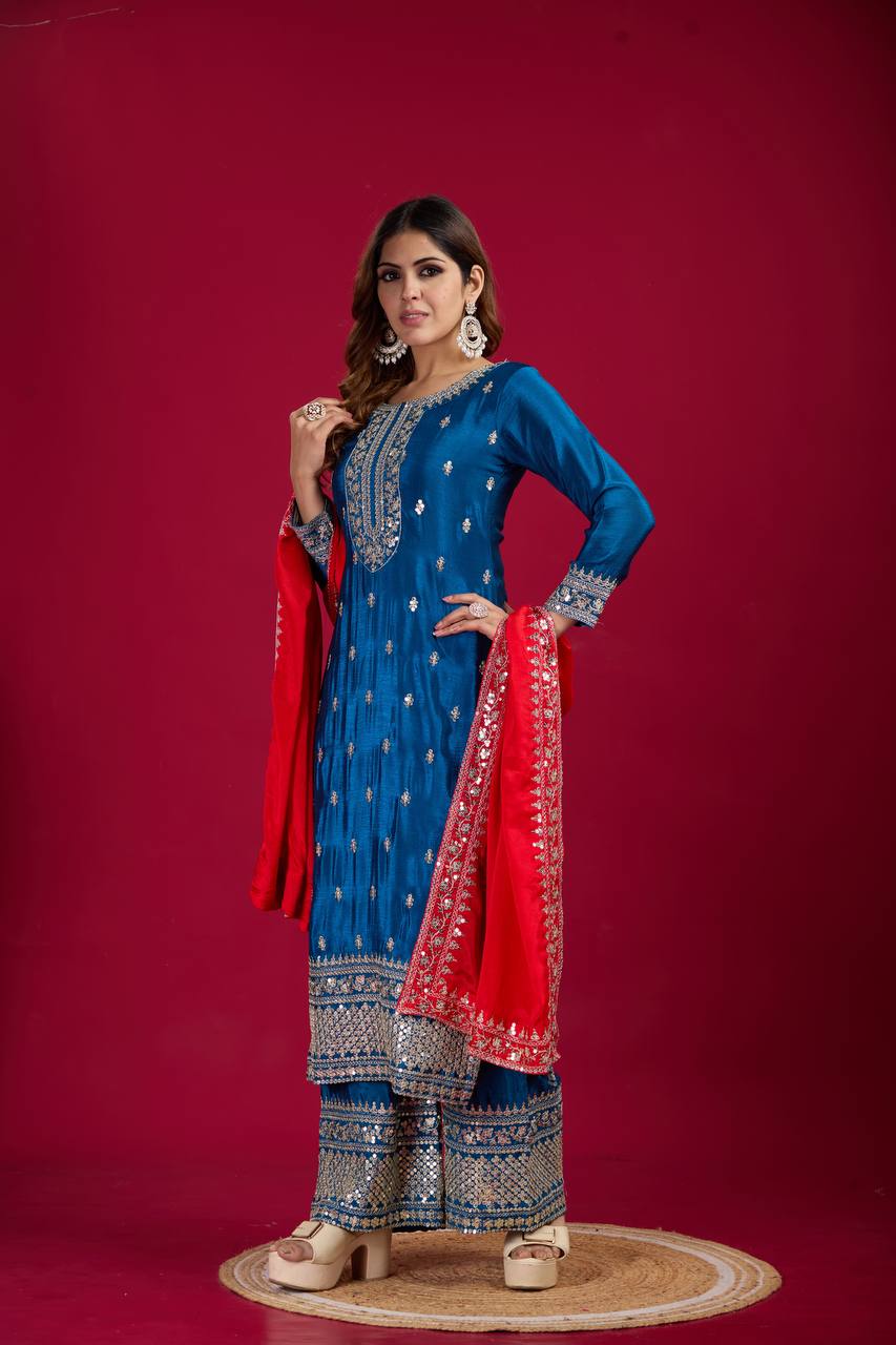 Teal blue color chinon silk sharara suit with dupatta price